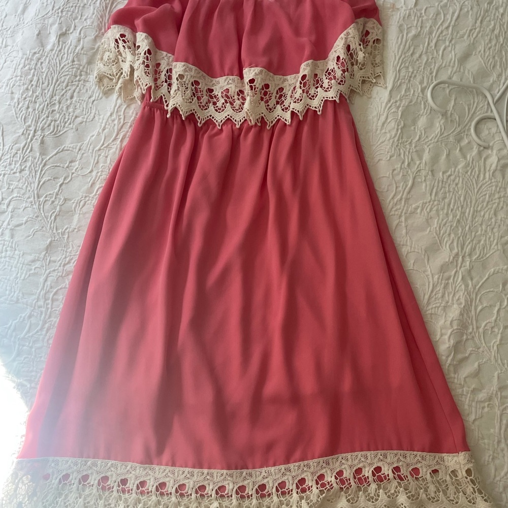 Pink with off white lace, strapless dress
